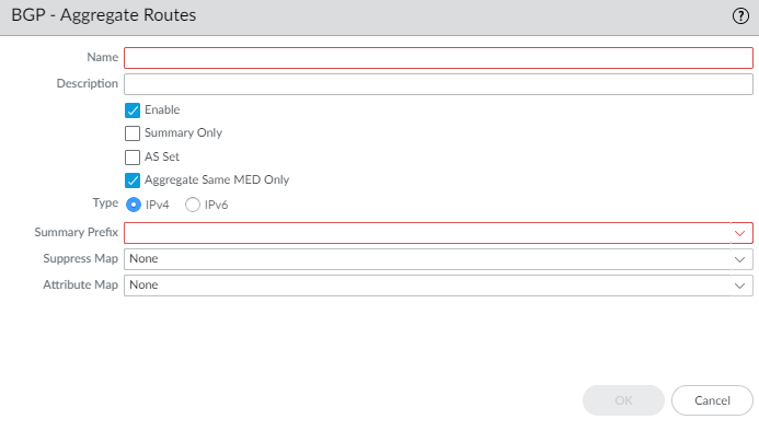 BGP Aggregate Route Policy configuration window.